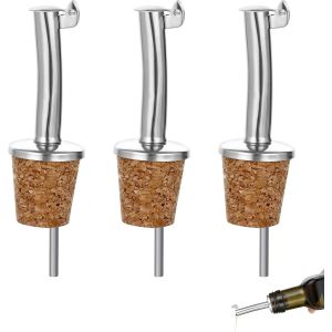 Checarzhn--No1-3 Pièces Bec Verseur Inox Avec Clapet Pour Bouteilles De Huile Olive Ou Vin Vinaigre, Bec Verseur Réutilisable Avec Bouchon En Liège Naturel Et Tube Daération, Compatible Réfrigérateur - Neuf