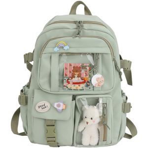 CHECARZHN--NO1-Sac À Dos Kawaii De Grande Capacité Pour Adolescentes Avec De Jolis Accessoires En Forme D'Ours Et Plusieurs Poches, Pour L'École Et Le Style Cartable Japonais (Vert) - Neuf