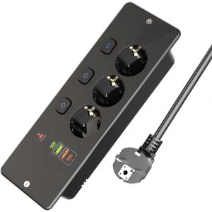 Multiprise avec 4 USB, 3 Prises Multiprise avec Interrupteur et Parafoudre, Prise Multiple Multiprises Murale avec PD20W et QC3.0, Câble 1.8m 3250W/13A pour Bureau Cuisine-Noir - Neuf