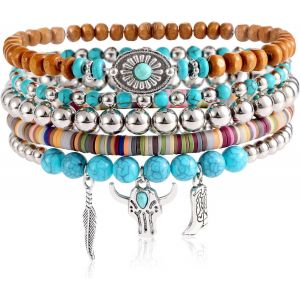 Eryi-5 Bracelets Western, Style Bohème, Perles Turquoise Bijoux Empilables Colorés Style Cowgirl Western Pour L'été Et La Plage Cadeau D'anniversaire Pour Femme - Neuf