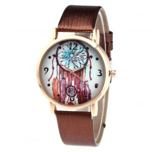 Zhoulianfa Plume Motif Cadran Pu Cuir Style D&eacute;contract&eacute; Couple Montre (Marron) - Neuf