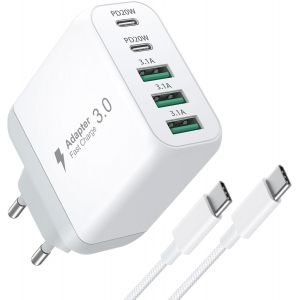 JGD-Chargeur USB C Rapide, 55w 5-Port Adaptateur USB avec c&acirc;ble 2M(Blanc) - Neuf