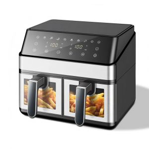 Air Fryer 4L+4L avec 10 Fonctions 3000W Friteuse Sans Huile Double Zone 0% BPA avec Fen&ecirc;tre Visible &Eacute;cran Tactile Argent - Neuf