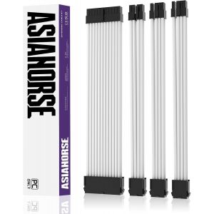 Extension de câble PSU, Kit de câbles gainés pour GPU/CPU, Rallonge de câble d'alimentation 16AWG avec Peignes de câble, 24PIN/(6+2) PIN/(4+4) PIN, 30CM, Blanc - Neuf