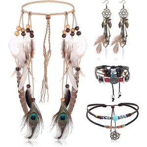 4 Pièces Coiffe Indienne Ensemble Collier Cuir Boucles D'oreilles Plumes Pour Femmes Bracelet Fait Main Vintage Boho Hippie Tribal Thème Fête Carnaval Bijoux - Neuf
