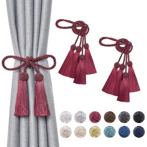 Tianyi-Lot De 4 Embrasses De Rideaux À Pompons À Double Extrémité Faites À La Main En Corde Tressée Avec Noeuds De Style Européen Pour Décoration De Fenêtre De Maison Et De Bureau (Rouge Vin) - Neuf