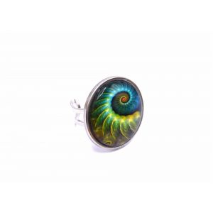 Bague Nautilus Cabochon Verre & Image Ammonite Fossile - Acier Inoxydable - Neuf