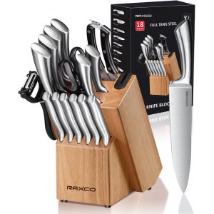 Mevronisshop-Bloc &Agrave; Couteaux, Set De 18 Couteaux De Cuisine En Acier Inoxydable - Set De Couteaux &Agrave; Steak, Sets De Couteaux De Cuisine Professionnels Avec Bloc Et Aiguiseur (Oak) - Neuf