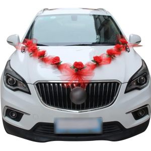 KALANKA-Bijoux de voiture en organza de mariée - Pour couple de roses - Décoration de voiture - Décoration florale de mariage - Décoration de voiture de mariage - Rouge - Neuf