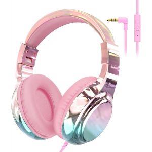 LORANKA-Casque Audio Enfant, Filaire R&eacute;glable/Pliable, Ecouteurs Enfant Audio avec Micro, 3.5mm Jack, 85/94dB Volume Limit&eacute;, Headphones Musique pour Fille 2 Ans/iPad/Tablet/PC - Neuf