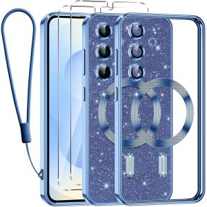 SJZG-Glitter Magn&eacute;tique Pour Samsung Galaxy S25 Plus 5G Con Cordon, [Compatible Avec Magsafe] Antichoc Brillant Paillet&eacute; Housse Souple Coque Pour Samsung S25 Plus Avec 2 Verre Tremp&eacute; &Eacute;tui, Bleu - Neuf