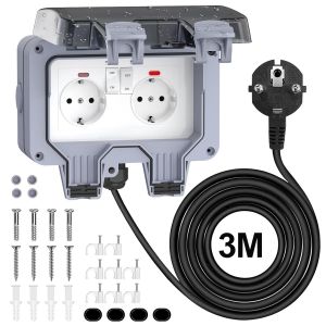 Prise Ext&eacute;rieure &Eacute;tanche IP66 - Double Prise avec Interrupteur, C&acirc;ble 3M & Couvercle Rabattable - R&eacute;sistant aux Intemp&eacute;ries pour Jardin, Terrasse, Gris - Neuf