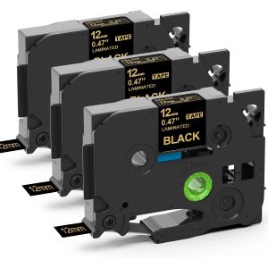 3x TZ-334 12mm Ruban lamin&eacute;s Compatible avec Brother P-Touch TZe-334 12mm x 8m 0,47 &eacute;tiquettes Or sur Noir Pour PT-H100LB H105 H107B H110 H200 H101TB P300BT Cube D200BW D210 D400 - Neuf