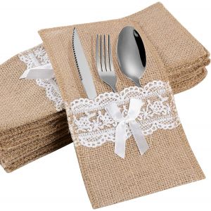 20pcs Porte Couvert Sac Toile Jute Dentelle Mariage Pochette De Vaisselle Fourchette Jute Vintage Baptême Champêtre Décoration Table Fournitures De Fête Noël N?Ud Jute - Neuf