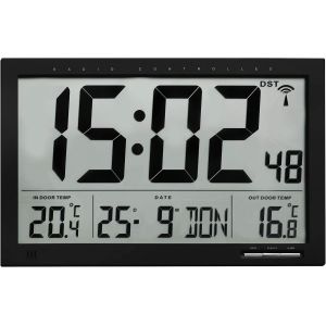 TFA Dostmann Horloge Radio-pilotée numérique XL, 60.4510.01, avec thermomètre pour la température extérieure et intérieure, Grande Horloge Murale, Bien lisible, Noir - Neuf