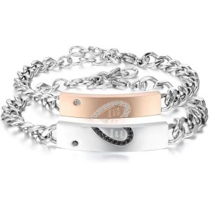Kal-Lot De 2 Bracelets Personnalisés En Acier Inoxydable - Bracelet Tendance Pour Couple - Bracelet Croix Avec Zircone Et Strass - Bracelet Blindé Pour Couples - Argenté/Noir/Or Rose - Neuf