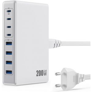 200W Multi Usb C Charger, 8-Port Gan Iii Usb C Socket Quick Charger Qc4.0+Pd 65W Usb C Charger For Laptop Power Adapter For Macbook Pro/Air, Iphone, Samsung Etc. (White) - Neuf