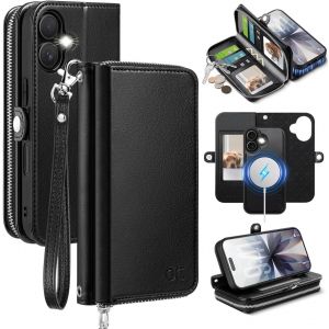 acdsgd-tui Portefeuille pour iPhone 17 Magn&eacute;tique D&eacute;tachable - Housse en Cuir PU 2-en-1 avec Anti-RFID Porte-Cartes, Support Int&eacute;gr&eacute;, Pochette &agrave; Fermeture &Eacute;clair Coque pour iPhone 17 - Noir - Neuf