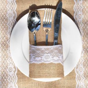 Lot De 60 Porte-Ustensiles En Toile De Jute En Dentelle - Pour Couverts, Couteaux Et Fourchettes Pour Mariage Vintage - Neuf
