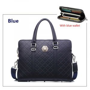 Sac à Main en Cuir avec Serrure à Code pour Homme,Sacoche à Bandoulière,Double Couche,Anti-Vol - Blue with Wallet - Neuf