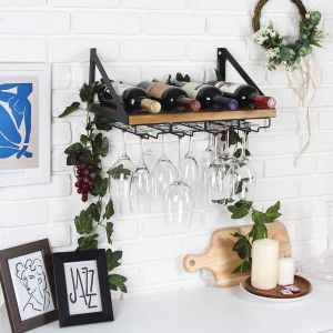 Jackcube Mk478a Porte-Bouteilles De Vin Mural En Bois Rustique,Casier Avec 4 Porte-Verres En Fil M&eacute;tallique Pour D&eacute;coration D'int&eacute;rieur,De Cuisine - Neuf