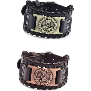 Kal-2 Pi&egrave;ces Amulet Gothique Braceletm, Bracelet Large En Cuir M&eacute;tal, Vintage Amulette Gothique, Nordique Marteau Rune Bracelet, Bracelet Manchette En Cuir Pour Homme, Pour Cosplay Celtique Pa&iuml;en - Neuf