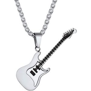 Kal-Collier Avec Pendentif Guitare Argent 925/Acier Inoxydable Rock Hip Hop Punk Band Avec Cha&icirc;ne Longeur De 45cm/55cm Platine/Or 18 Carats Cadeau Pour Homme Femme Festival De Musique - Neuf