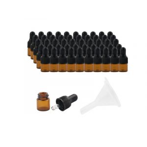 Lot De 50 Flacons Compte-Gouttes En Verre Ambr&eacute; De 1 Ml Avec Entonnoir Pour Huiles Essentielles Et Parfums - Neuf