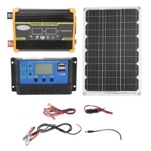 Panneau solaire monocristallin 2025 18 W 18 V, contr&ocirc;leur 30 A 12 V 24 V, kit onduleur 300 W pour camping en plein air, noir, 12 V &agrave; 220 V - Neuf