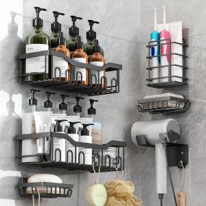 6 Pi&egrave;ces Etag&egrave;re De Douche Sans Per&ccedil;age, Etagere Salle De Bain En Acier Inoxydable, Etagere Douche Avec Crochets, &Eacute;tag&egrave;re De Rangement Douche Auto-Adh&eacute;sif, Rangement Douche Pour Salle (Noir) - Neuf