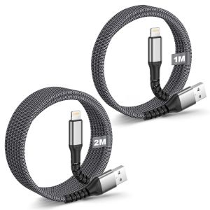 Cable Iphone, Cable Lightning Usb (Lot De 2/1M+2M) Certifié Mfi Cable Chargeur Iphone Charge Rapide Nylon Tressé Fil Lightning Pour Iphone 14/13/12/11 Pro/Xr/Xs/X/8/8 Plus/7/ Plus/6/5/Se/Ipad - Neuf