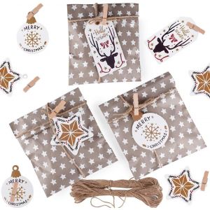 25pcs Petit Sac Cadeau en PapierSachet Pochette Bonbon Forme Étoile + 30pcs Étiquettes + 30pcs Pince à Linge en Bois Sacs d¿Emballage pour Biscuits Dragée Noël Anniversaire Mariage Fête - Neuf