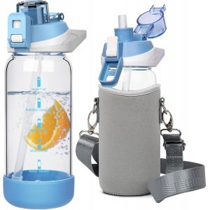 0.6l Sport Gourde Verre Avec Paille & Heure De Motivation 600ml Bouteille D'eau Verre Sans Bpa Avec Marqueur De Temps.[B788] - Neuf