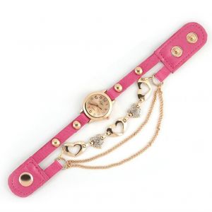 Femmes Quartz Pu Alliage Coeur Strass Cadran Rond Bracelet Cha&icirc;ne Montre (Rose Rouge) - Neuf
