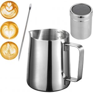 Cmws-Pichet À Mousser Le Lait 600 Ml, Tasse À Crème En Acier Inoxydable, [16 Pochoirs À Café + Stylo Latte Art], Shaker À Poudre Pour Faire Du Café, Cappuccino, Chocolat Chaud - Neuf