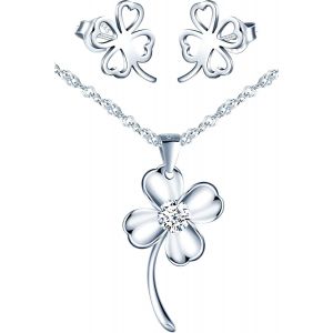 Ensemble De Bijoux Tr&egrave;fle &Eacute;l&eacute;gant, Collier Boucles D'oreilles Femme Fille, Collier Boucle D'oreilles En Argent 925, Collier Pendentif Tr&egrave;fle Et Clous D'oreilles Tr&egrave;fle Creux, Zircon Incrust&eacute; - Neuf