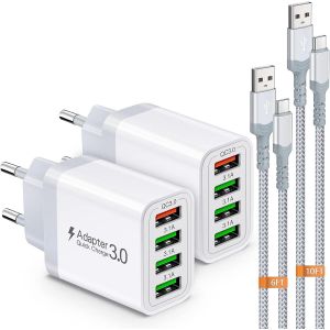 Chargeur USB, bloc d'alimentation 4 ports 33 W avec chargeur rapide QC 3.0 USB, multiple, avec 2 c&acirc;bles de charge rapide de 2 m/3 m, adaptateur pour Samsung Galaxy S24/23/22/21, iPad Pro, LG, Sony - Neuf
