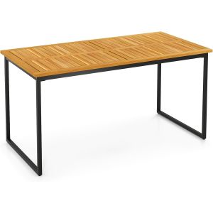 Ulteronixshop-Table Salle Manger Exterieure 140 Cm, Grande Table Jardin En Bois Acacia 6 Personnes Avec Plateau Lattes, Trou Pour Parasol De 5 Cm, Pour Balcon (Pieds Carr&eacute; Noir,70x140x73cm|6 Personne - Neuf