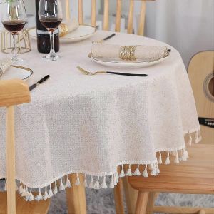 Nappe Ronde Beige 120cm Essuyer Lin Coton Nappe Infroissable Anti-Poussière Avec Glands Pour Cuisine,Salle À Manger,Table À Manger,Café Ta - Neuf