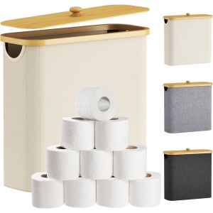 Rangement Papier Toilette, R&eacute;serves &agrave; Rouleaux de Panier Papier Toilette WC avec Bambou Couvercle, Boite Rangement Salle de Bain, Accessoires WC, Panier Rangement Tissu, 30L, Blanc - Neuf