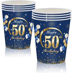 Kalanka-16 Pièces Gobelets En Papier Pour Fête Anniversaire 50 Ans,Bleu Or Papier Tasse Pour Décoration Anniversaire 50 Ans Homme Femme - Neuf