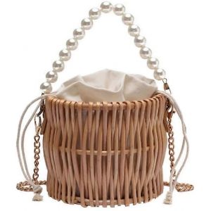 Sac &agrave; main tiss&eacute; &agrave; la main en perles, sac &agrave; bandouli&egrave;re en rotin tiss&eacute; en paille, sac &agrave; main en bambou vintage, sac de plage et de vacances, sac &agrave; bandouli&egrave;re tiss&eacute; en perles, sac &agrave; bandouli&egrave;re portable (Kha - Neuf