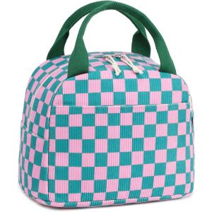 TIANYI-Boîte à déjeuner isolée pour femmes sac à déjeuner réutilisable en velours côtelé sac à main étanche glacière thermique sac à déjeuner grande capacité (grille verte rose) - Neuf