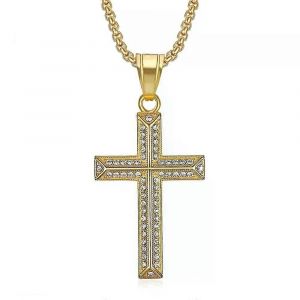 Hip Hop Glacé Bling Croix Pendentif Mâle Couleur Or Acier Inoxydable Collier Chrétien Pour Hommes Bijoux Religieux Cadeau - Neuf