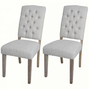 Lot de 2 chaises de salle &agrave; manger HWC-O66b, chaise de cuisine rembourr&eacute;e, Chesterfield rivets tissu/textile, gris clair - Neuf