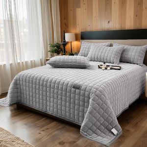 ,Couvre-Lit&iquest;Parure De Lit En Velours De Luxe Pour Tr&egrave;s Grand Litmatelass&eacute; Surdimensionn&eacute;, Avec 2 Taies D'oreiller Assorties, Pour Toutes Les Saisons (Gris Clair, 230 X 250 Cm) - Neuf