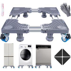 Double Tube Base De Machine À Laver Réglable, Base De Sèche-Linge Avec 4 Roues Et 4 Pieds,Socle Lave Linge Avec Règle+Gants+Tournevis À Double Tête Support De Réfrigérateur Roulett[LAV0649] - Neuf