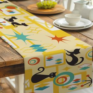 Eryi-Chemin De Table Chat, 33x183cm Chemin De Table En Polyester Motif Animaux Tapis De Table Géométriques Abstraits Décoration De Table De Cuisine Pour Fête De Cuisine Dîner De Vacances - Neuf