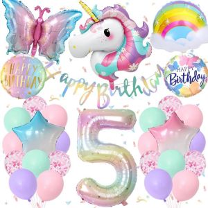 5 Ans Decoration Anniversaire Licorne, Deco Anniversaire Pour Filles Avec Birthday Banner, 3D Licorne Papillon Foil Ballons, Grand Foil Number 5, Ballon Pastel Décoration Anniversaire 5 Ans Fille - Neuf