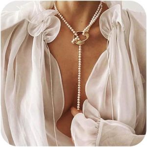 Kal-Boho Long Perle Y Collier Chaîne Or Longue Perle Perle Chaîne Collier Cercle Ouvert Coin Perle Pendentif Collier Vintage Baroque Perle Lasso Chaîne Déclaration Collier Bijoux Pour Femmes - Neuf